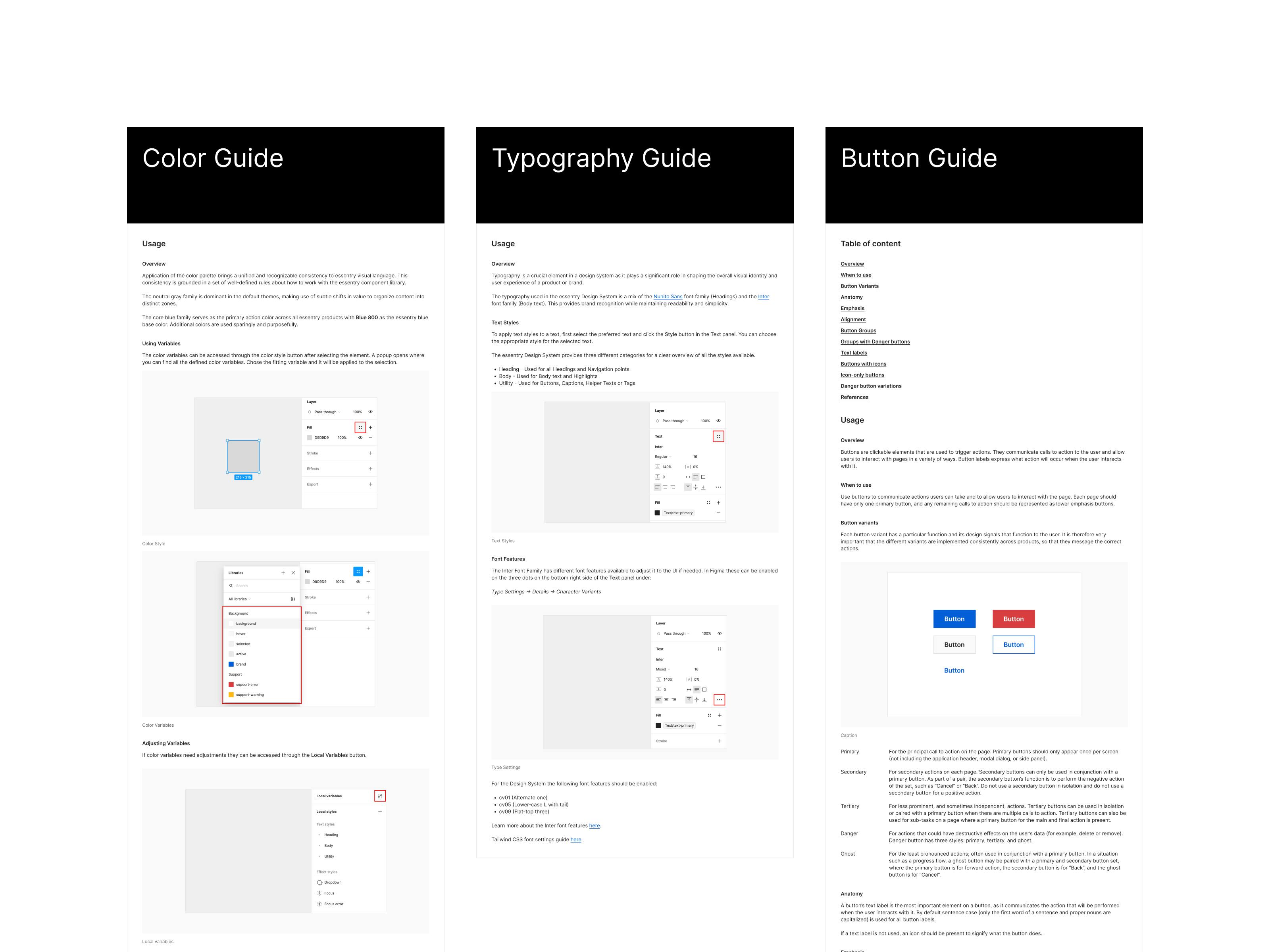 Three examples of guidelines of the Essentry Design System